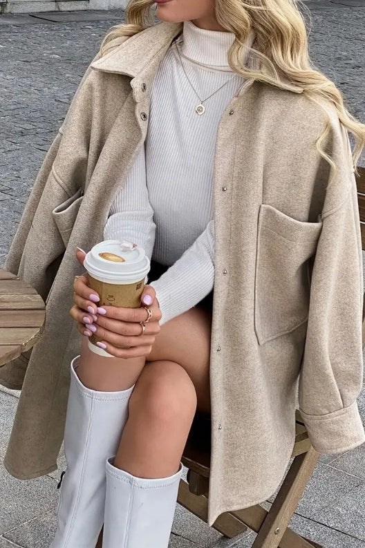 Wool Blend Collared Casual Short Coat Apricot / S