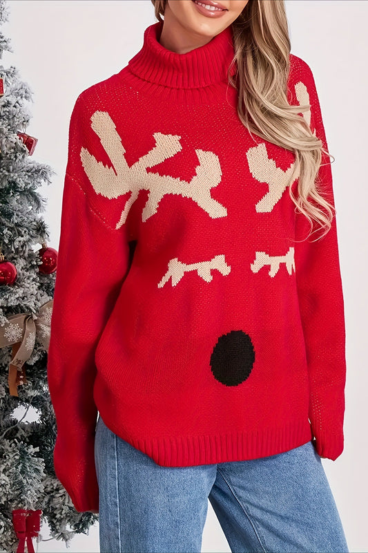 Cozy Turtleneck Moose Print Color Block Sweater