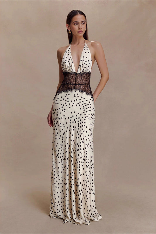 Polka Dot Lace Patchwork Deep V Backless Ruched Elegant Maxi Dress