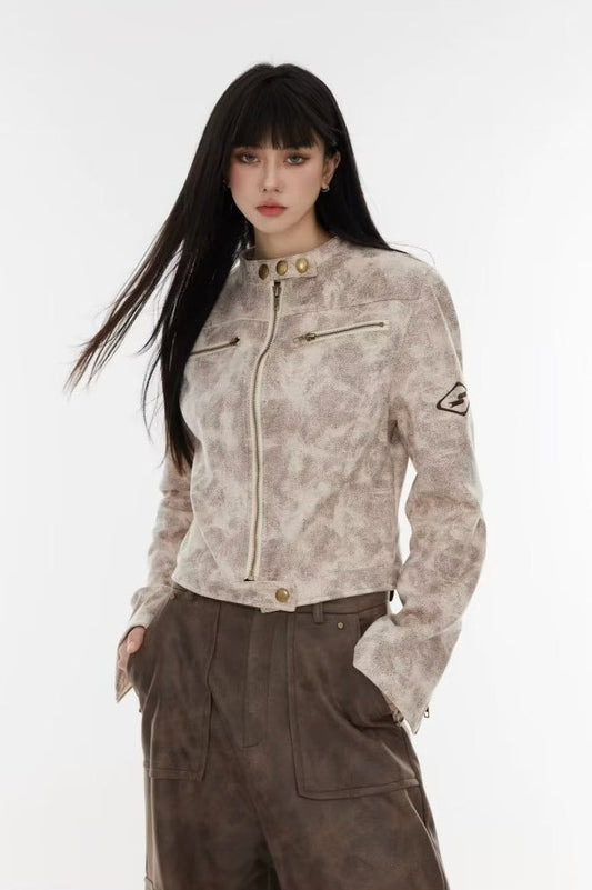 Cropped Tie-Dye Stand Collar Jacket M / Ivory
