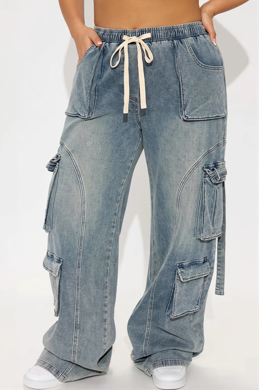 Drawstring Multi Pocket Cargo Jeans