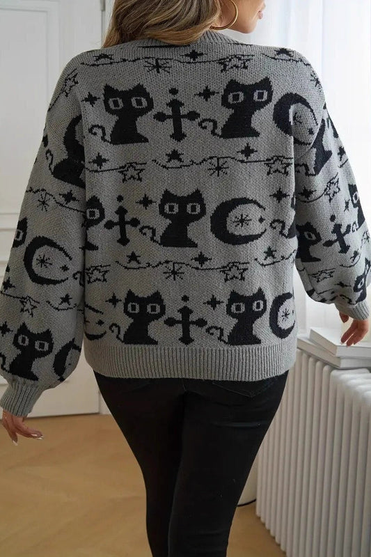 Black Cat Moon Jacquard Knit Sweater