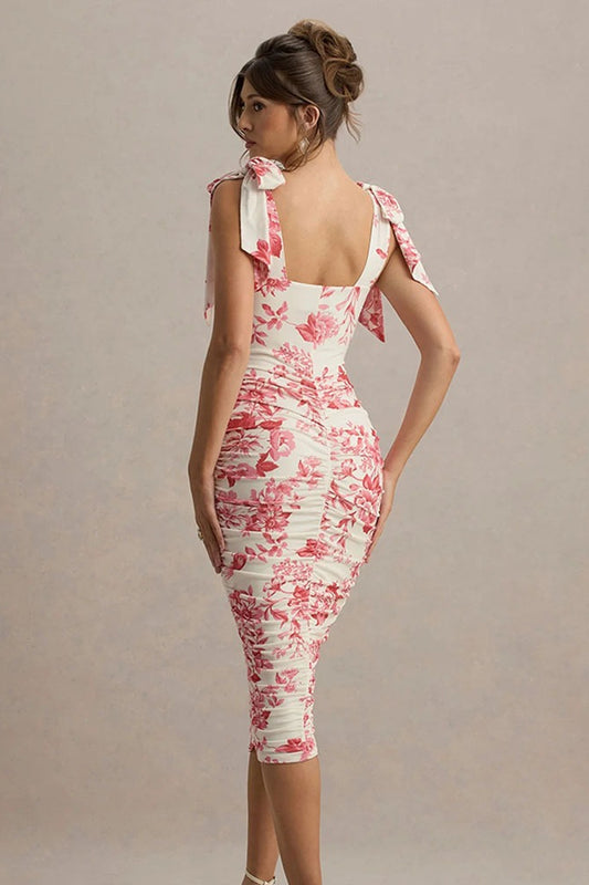 Robe longue froncée à imprimé floral vintage