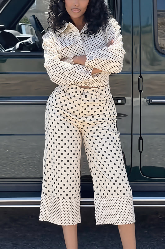 Polka Dot Cropped Shirt Pants Set