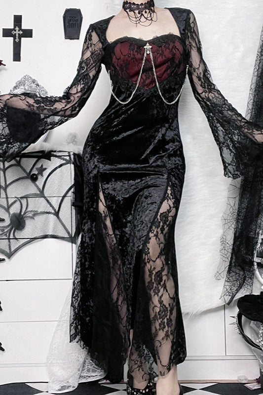 Robe gothique à manches en dentelle fendues