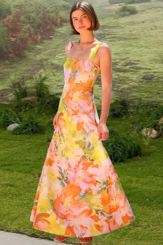 Robe longue fluide sans manches à imprimé floral pour les vacances