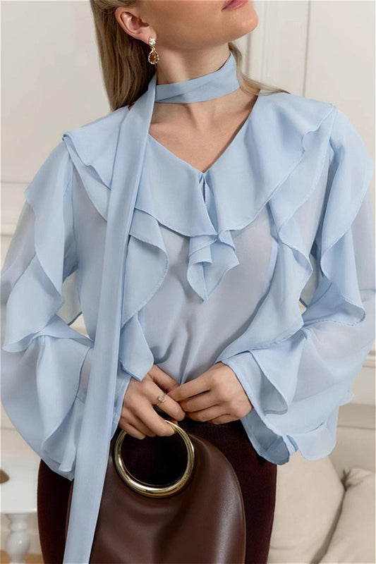 Elegant Solid Chiffon Ruffled Tie Blouse