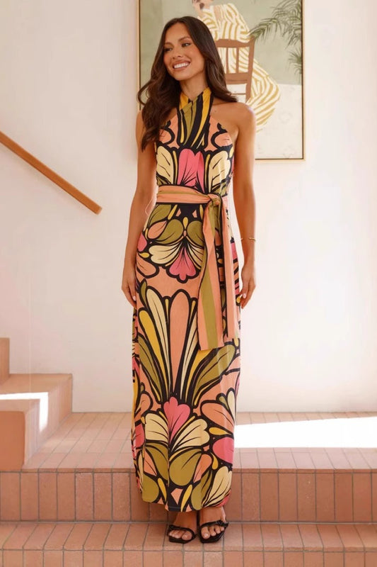 Robe longue à imprimé floral et ceinture à la taille