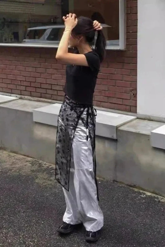 Aesthetic See Through Sequins Flower Lace Long Apron Skirt skirt-250126