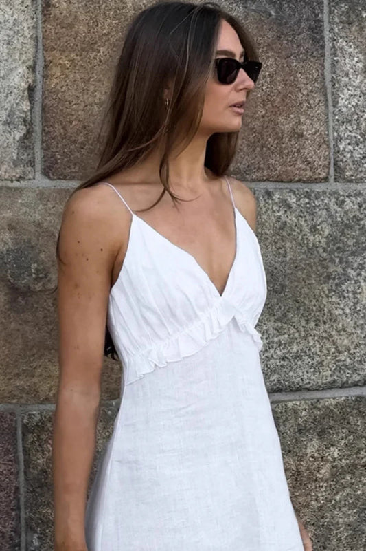 Robe longue ample sexy en coton et lin blanc à volants et col en V