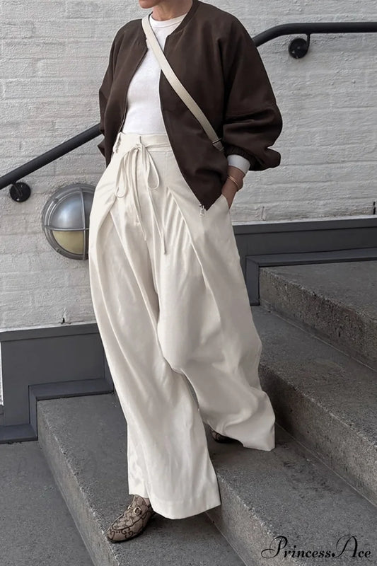 Apricot High Waist Drawstring Pleated Pants