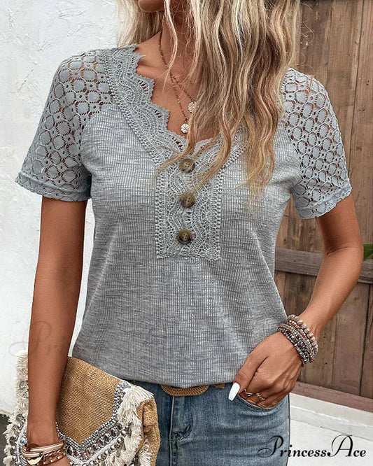 Lace Short Sleeve T Shirt Gray 23BF 23BK clothes Short Sleeve Tops Spring Summer T-shirts Tops/Blouses