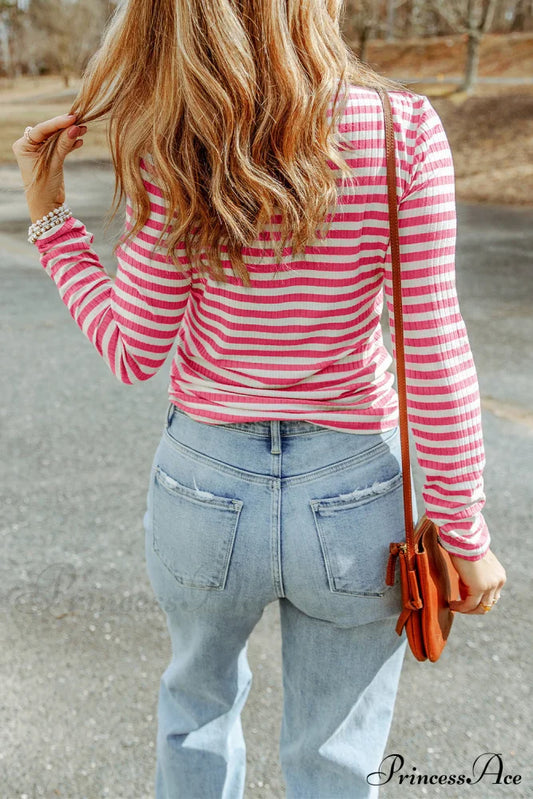 Arm Design Long Textured Pink Knit Striped Tee Tops