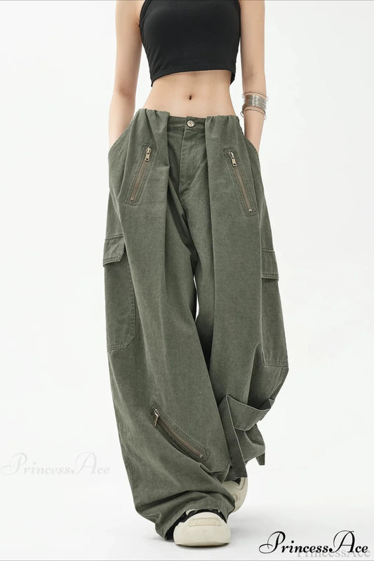 Army Green Parachute High Waist Loose Cargo Pants Army Green / S
