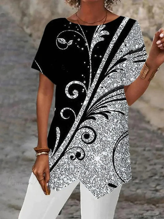 Asymmetric Blouse - Design Women’s Abstract Graphic Silver/Black/White Black / S