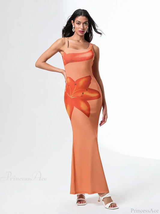 Asymmetric Neck Tank Sleeveless Wrap Bodycon Floral Vacation Dress Orange / S floraldress-250126