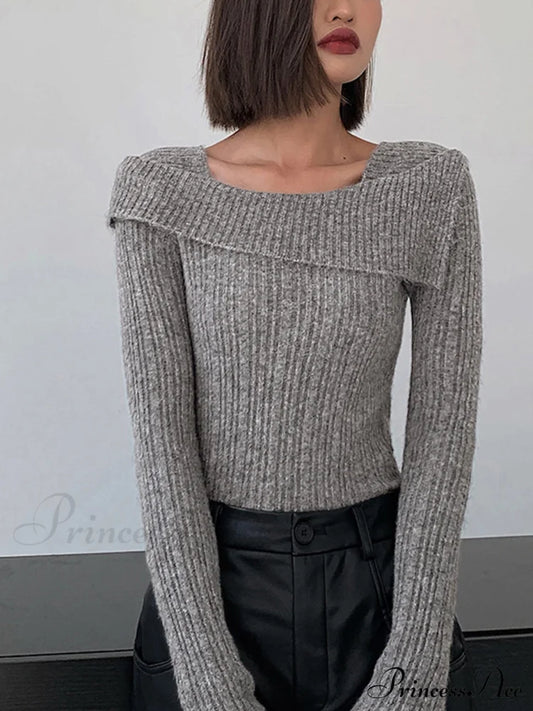 Asymmetric Overfold Square Neck Modern Long Sleeve Knit Top Grey / S Sweaters-L