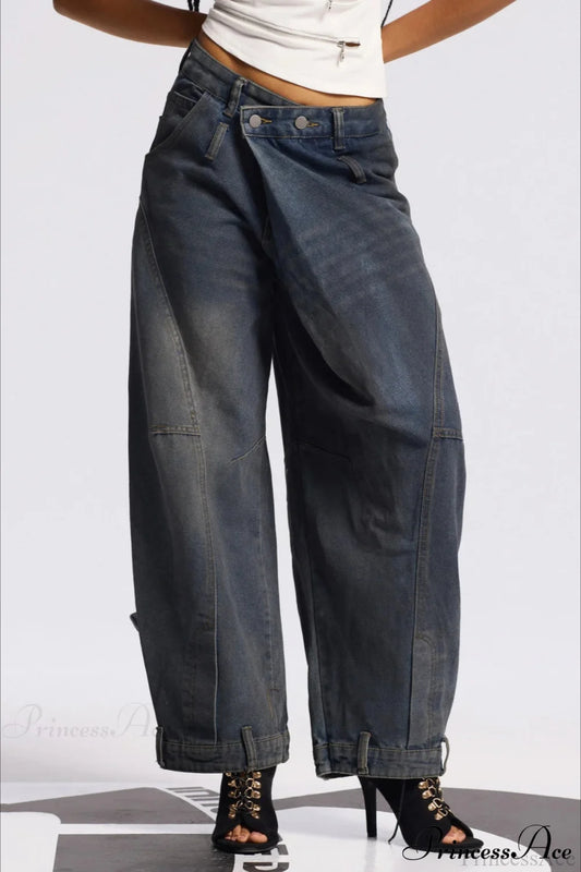 Asymmetric Waist Washed Low Waist Flare Wide Leg Jeans Blue / S