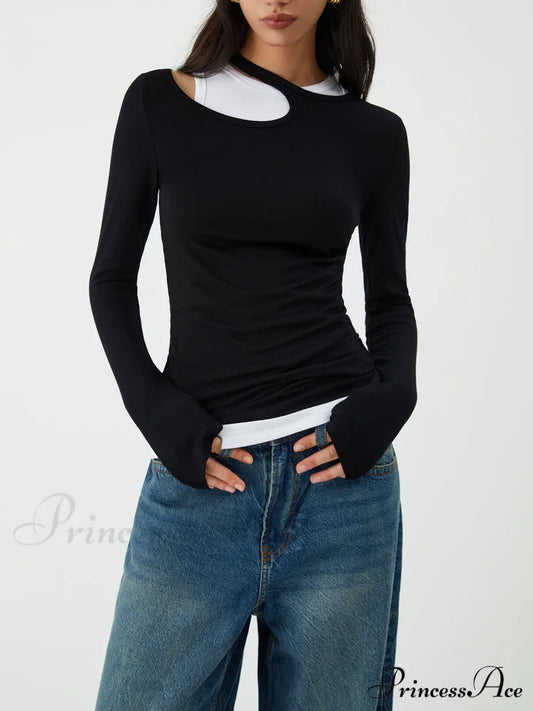 Asymmetrical Neck Graceful Long Sleeve Blouse Black / Xs Blouses