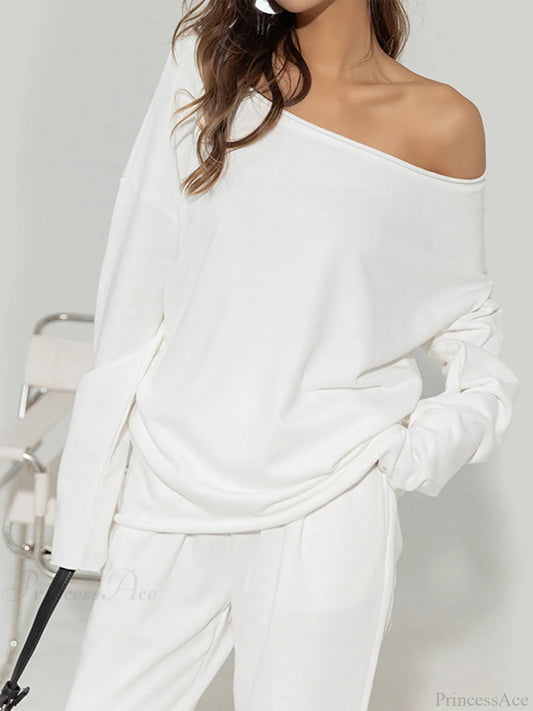 Asymmetrical Off Graceful Shoulder Solid Sweatshirt White / Xs Sweatshirts