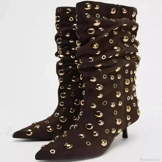 Attractive Rivet Pleated Tall Heel Pointed Gothic Boot Brown Single / 34