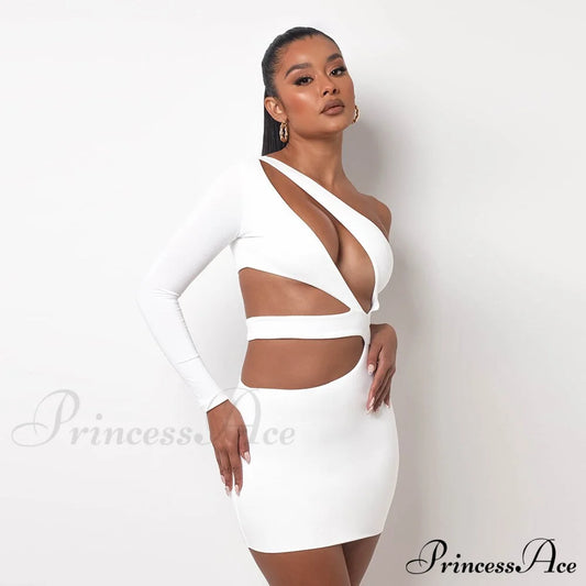 Autumn Bodycon - White Out Shoulder Evening Women Club Gown Cut One Dress Stretchy Dress / Xs
