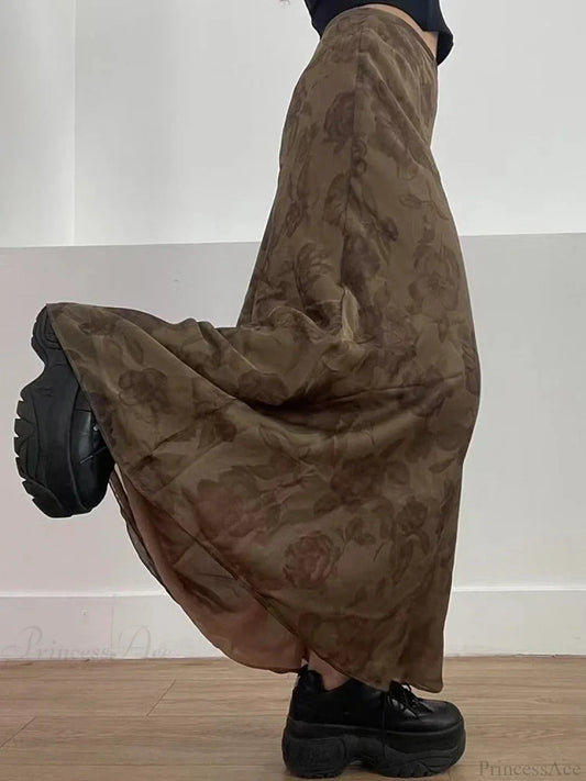 Autumn Long Skirt Vintage Floral Print Low Rise Skirt skirt-250126