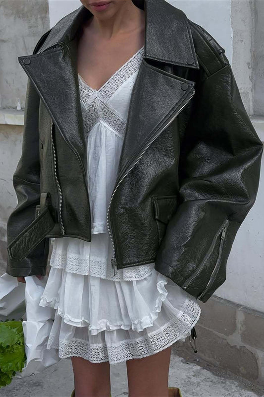 Veste de moto en cuir vert zippée