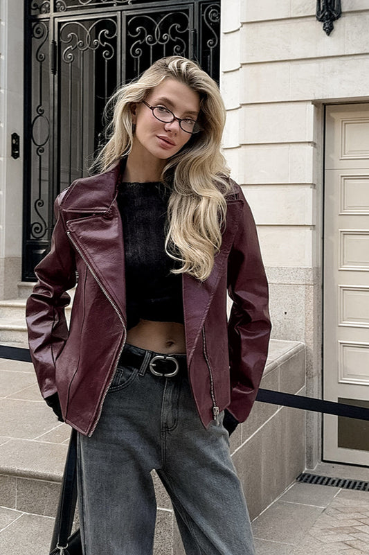 Manteau blazer en cuir PU rouge angora