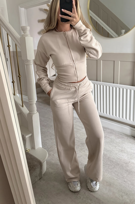 Cropped Zip Jacket Straight Leg Pants Set