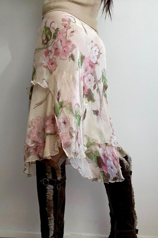 Jupe midi moulante à imprimé floral à blocs de couleurs