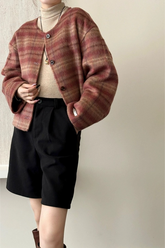 Plaid Crew Neck Single Breasted Drop Shoulder Wool Outerwear