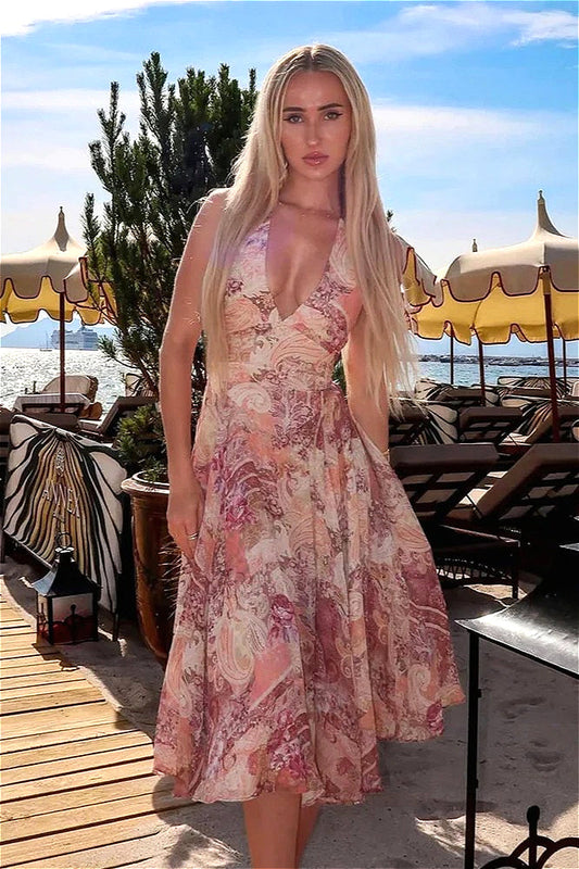 Robe fleurie élégante à imprimé floral et taille haute