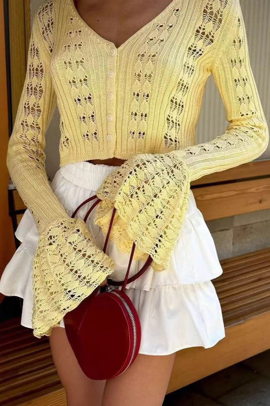 Cutout V-Neck Solid Short Long-Sleeve Knit Cardigan