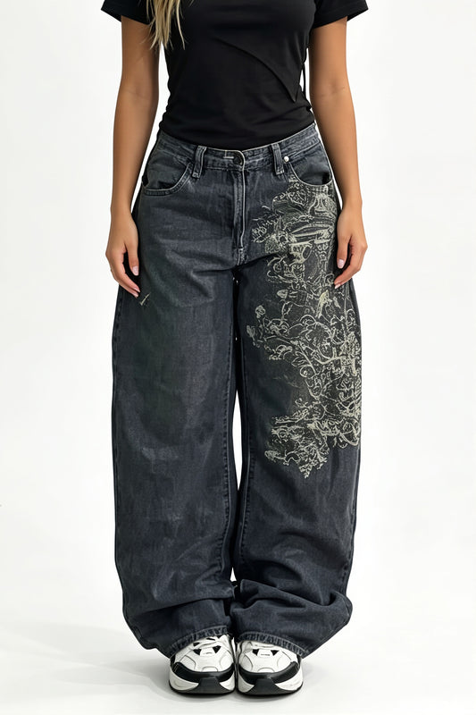 Vintage Wash Ornate Graphic Straight Jeans