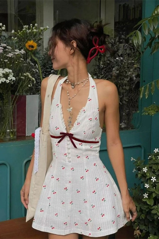 Mini-robe dos nu à imprimé cerises