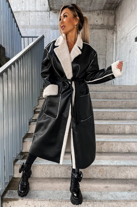 Leather Thickened Trench-Inspired Relaxed Tie Waist Overcoat Black / S