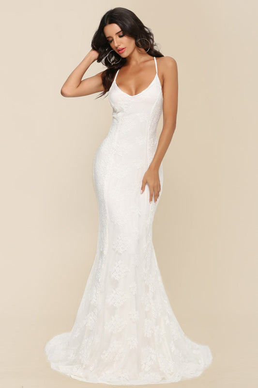 Long Sleeveless Cathedral Train Formal Dress S / White