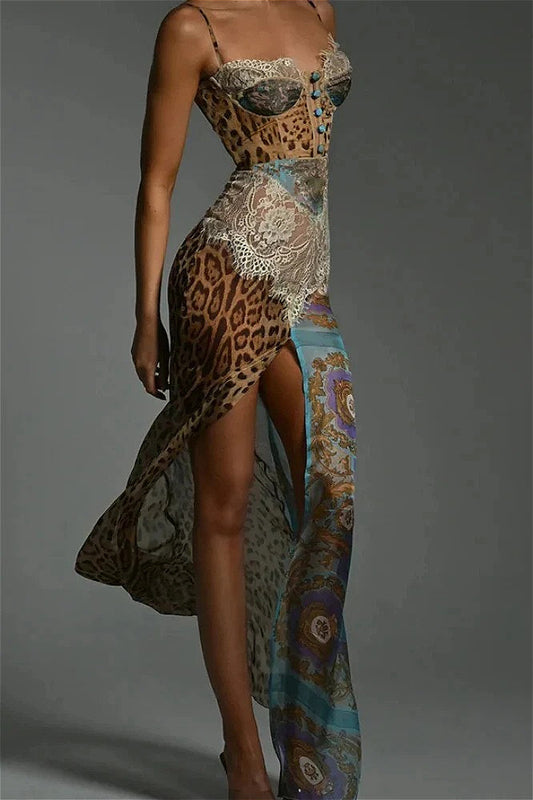 Robe fleurie en dentelle patchwork à imprimé léopard