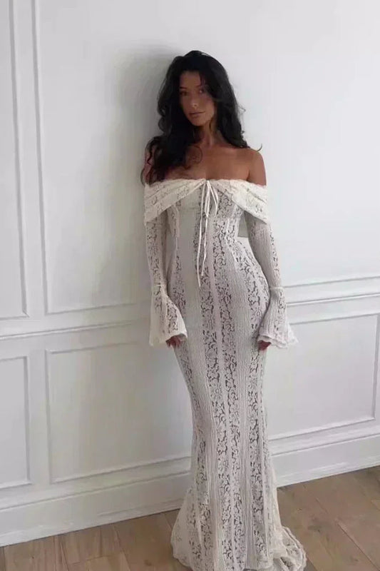 Lace Off Shoulder Maxi Boho Dress White / S