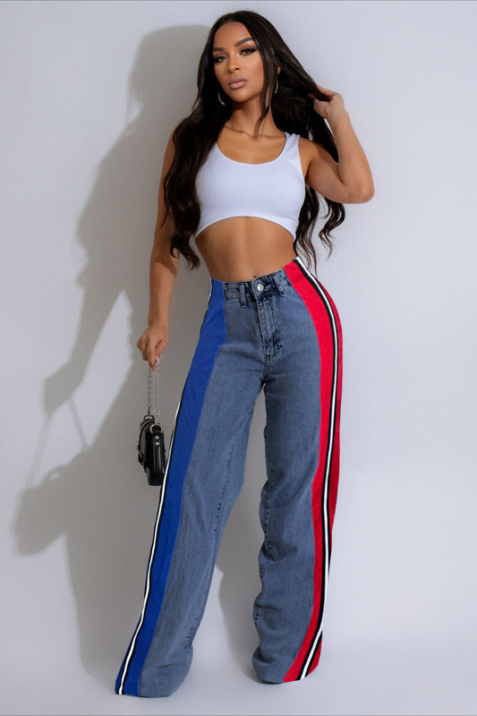 Jean droit patchwork colorblock