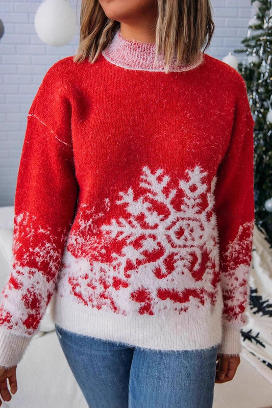 Christmas Red Snowflake Pattern Turtleneck Loose Sweater