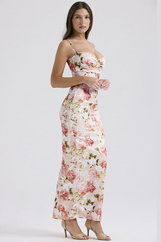 Robe longue fendue en dentelle florale