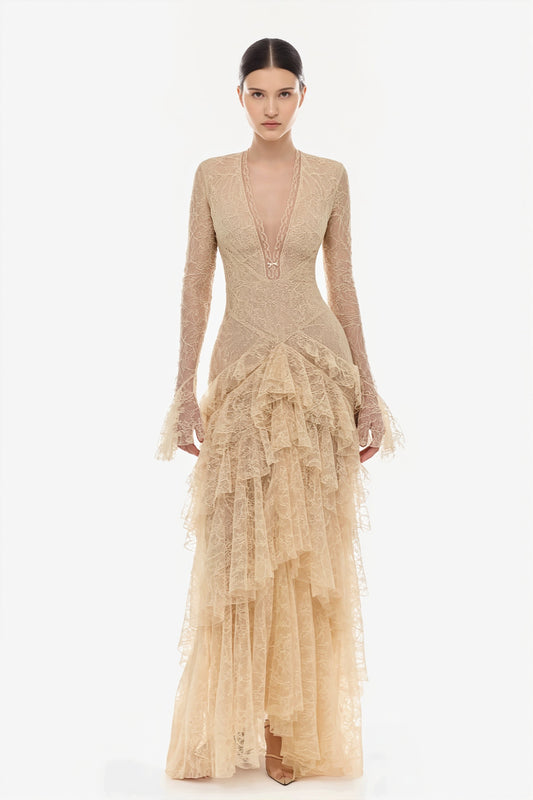 Lace Bell Sleeve Tiered Ruffle Maxi Dress