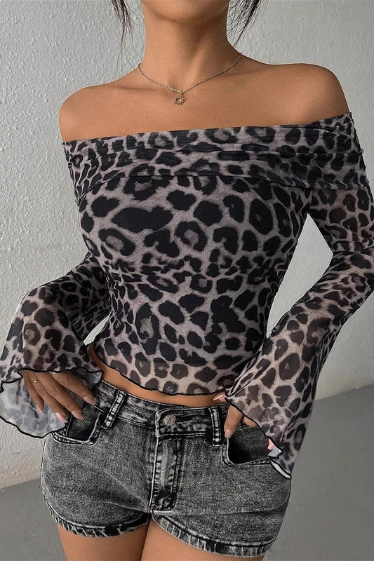Fitted Leopard Mesh Off Shoulder Blouse