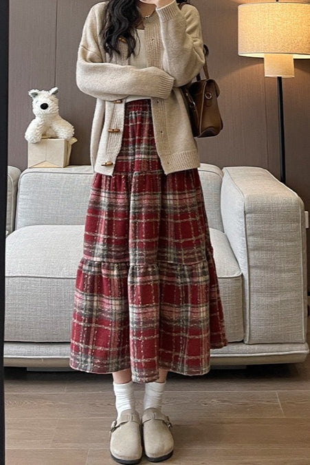 Wool Blend Tiered Plaid Skirt