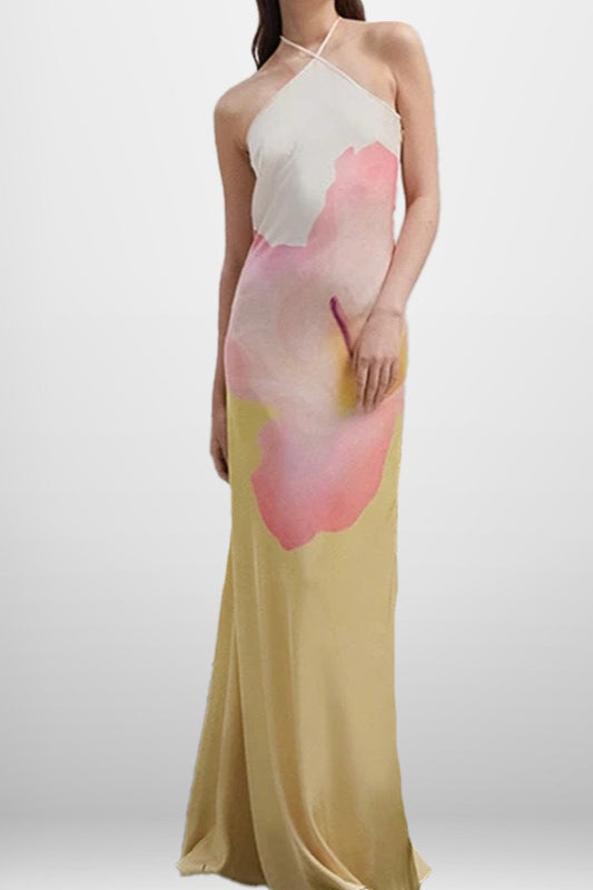 Robe longue moulante dos nu à imprimé floral