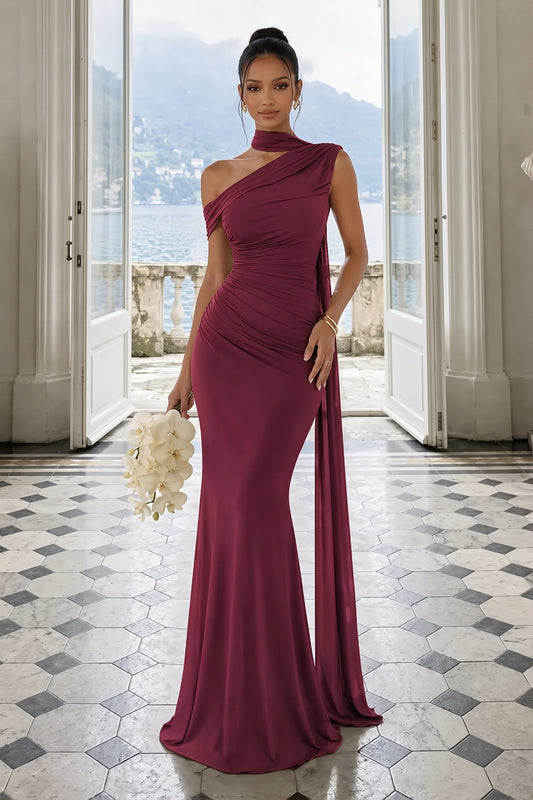 Draped Ribbon Tie Fishtail Maxi Dress
