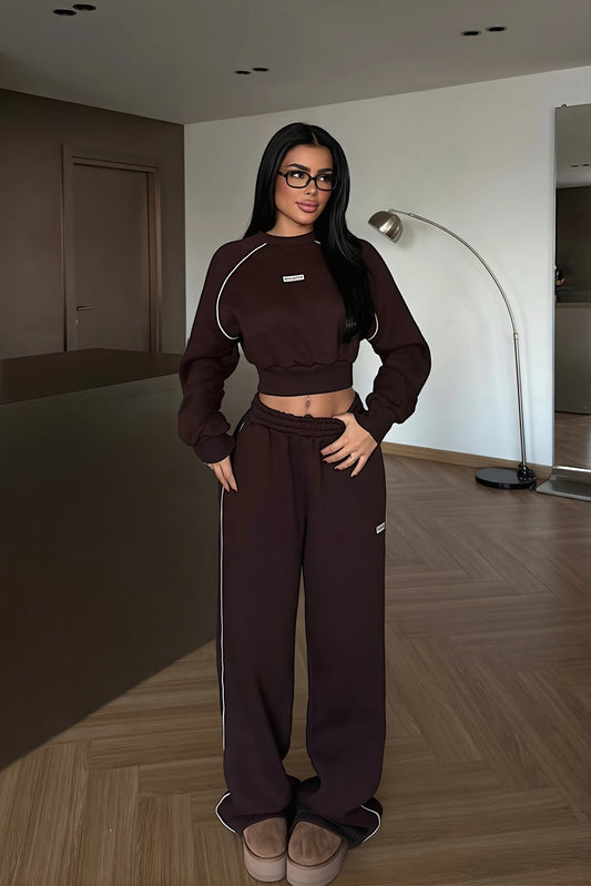 Contrast Trim Cropped Sweatshirt Pants Set