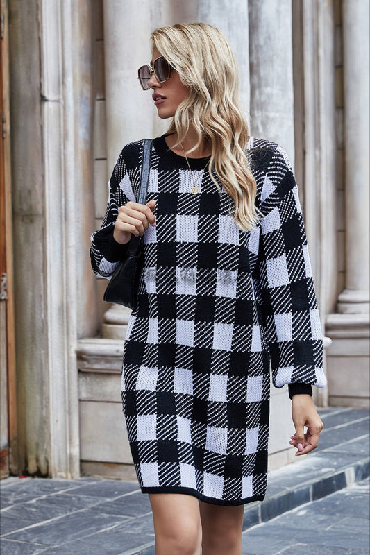 Loose Plus Size Plaid Commute Color Block Sweater Black / S